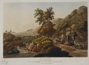 Schacht eines Bleibergwerks. Blick nahe Pont Aberglaslyn, Carnarvonshire, in Richtung der Bucht von Cardigan, veröffentlicht 1798