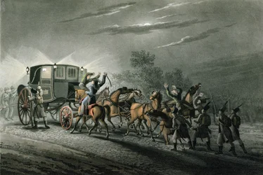 Die Eroberung von Bonapartes Kutsche, Papier und Schatz durch Major von Keller, Waterloo, 18. Juni 1815, graviert von Matthew Dubourg