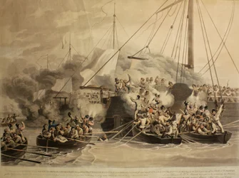 Die Ruderboote der Quebec, Raven, Exertion und Redbreast, Alert und Princess Augusta, 1811 (Aquatinta)