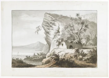 Küstenansicht in Neuseeland, mit einheimischer Hütte und einem Segelkanu in der Bucht, aus 