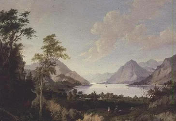 Landschaft mit See und Bergen