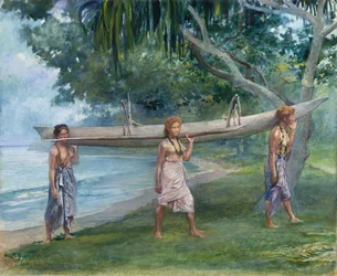 Mädchen tragen ein Kanu, Vaiala in Samoa, 1891