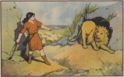 David, der Hirtenjunge, kämpft gegen den Löwen