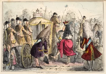 Georgey Porgey der Erste geht in seiner Staatskutsche spazieren, aus The Comic History of England, veröffentlicht 1864 (handkolorierte Radierung)