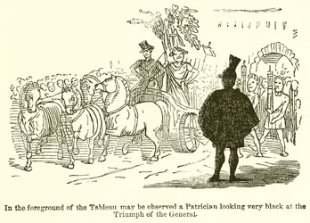 Im Vordergrund des Tableaus ist ein Patrizier zu sehen, der sehr schwarz auf den Triumph des Generals blickt