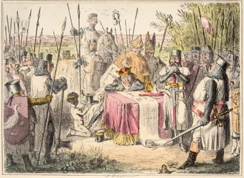 König Johann unterzeichnet die Magna Carta, aus The Comic History of England, veröffentlicht 1864 (handkolorierte Radierung)