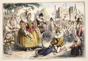 Königin Elisabeth und Sir Walter Raleigh, aus The Comic History of England, veröffentlicht 1864 (handkolorierte Radierung)