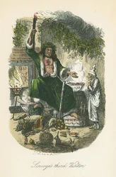 Der Geist der gegenwärtigen Weihnacht erscheint Scrooge. Illustration von John Leech (1817-64) für Charles Dickens