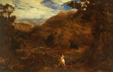 Weitläufige bergige Waldlandschaft mit David und dem Löwen
