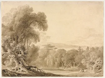 Figuren, die an einem See in einer bewaldeten Landschaft sitzen