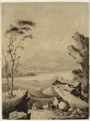 Italienische Landschaft mit See, Stadt und Bergen im Hintergrund