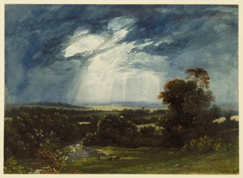 Landschaft mit weidendem Vieh im Vordergrund