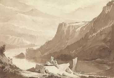 Gebirgslandschaft mit Figuren und einem Felsen über einem See