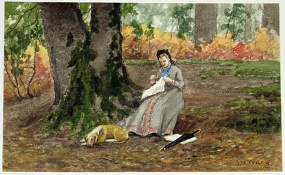 Frau stickt unter einem Baum