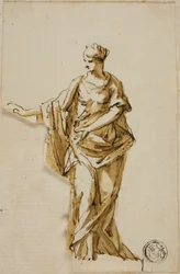 Stehende weibliche Figur mit erhobenem rechten Arm