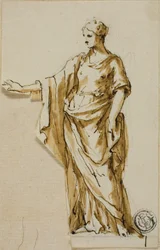 Stehende weibliche Figur mit erhobenem rechten Arm