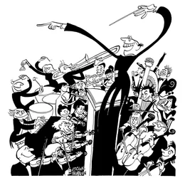 Orchester und Dirigent - Karikatur von John Minnion