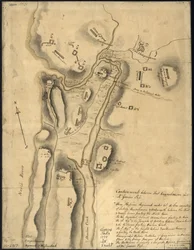 Disposition britischer Truppen mit Befestigungen nördlich von Fort Knipehausen, d.h. Fort Washington bis Fort Independence