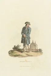 England - Platte 12. Ein Greenwich-Pensionär mit Holzbein, der sich auf einen Stock stützt