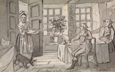 Figuren sitzen an einem Tisch und werden bedient, Crockem Wells, Devonshire