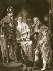 Baliol übergibt seine Krone an Edward I., graviert von J. Parker, Illustration aus David Humes 