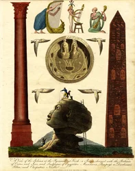Ansicht der Sphinx bei den Pyramiden von Gizeh: eine Patera mit den Porträts von Osiris und Isis; und Skulpturen ägyptischer Musiker; Pompeius- oder Diokletianssäule; und Kleopatras Nadel