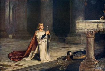 Anwärterritter hält Waffenvigil für den Eintritt in die Ritterschaft, Illustration aus 