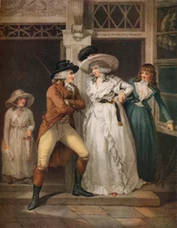 Die Tavernen-Tür, Laetitia von ihrem Verführer verlassen, wird auf die Stadt geworfen, 1789
