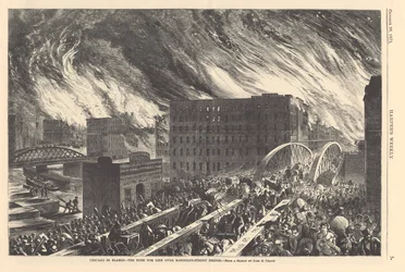 Chicago in Flammen - der Ansturm auf das Leben über die Randolph Street Bridge, Illustration aus Harpers Weekly, 1871