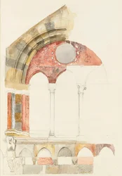 Ein Fenster des Broletto, Como: Schnelle Skizze in Farbe, zeigt die Methode der Marmorintarsien, August 1869?