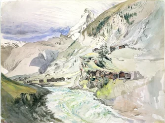 Ein Alpental: Das Matterhorn in der Ferne