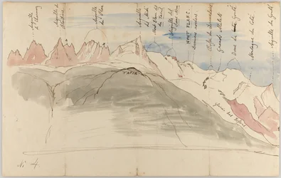 Das Mont-Blanc-Massiv aus der Nähe von Chamonix (Vorderseite); Skizzen des Mont-Blanc-Massivs von der Tapia oberhalb von Chamonix, von Genf aus und vom Dole aus gesehen (Rückseite)