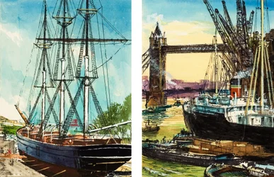 Ein Großsegler in den unteren Bereichen der Themse und ein dampfbetriebenes Frachtschiff nahe der Tower Bridge