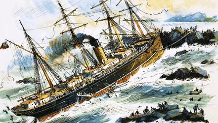 Unidentifiziertes Dampfschiff prallt gegen Felsen