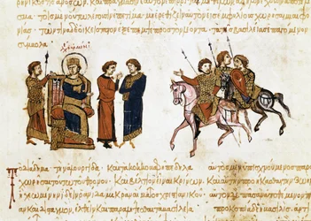 Die Krönung des byzantinischen Kaisers Leo V. des Armeniers (775-820), Miniatur aus der „Synopsis historiarum“, ca. 1126-1150