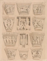 Kapitäle und A & B Basreliefs in der Abteikirche Saint Georges de Bocherville, nahe Rouen, Normandie