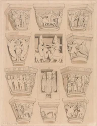 Kapitelle und A & B Basreliefs in der Abteikirche von Saint Georges de Bocherville, in der Nähe von Rouen, Normandie