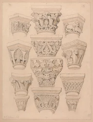 Kapitäle in der Abteikirche von St. Georges de Bocherville, in der Nähe von Rouen, Normandie