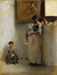 Zwiebeln auffädeln, ca. 1882