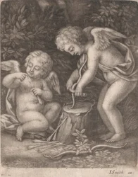 Cupidos probieren einen Bogen aus