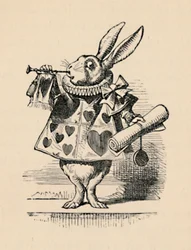 Ein Hase als Hofbeamter, der eine Trompete für eine Ankündigung bläst, 1889