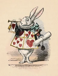 Ein Hase als Hofbeamter, der eine Trompete für eine Ankündigung bläst, 1889