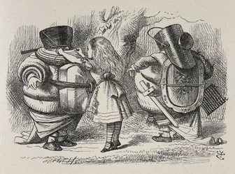 Alice zieht Tweedledee und Tweedledum an