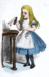 Alice betrachtet die Flasche mit dem Schild 