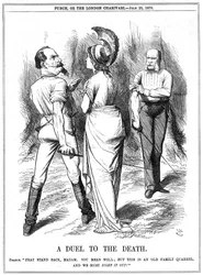 Britannia versucht Napoleon III. vom Krieg mit Deutschland abzuhalten. Französische Kriegserklärung an Berlin am 19. Juli, Proklamation am 23. Juli. John Tenniel Karikatur aus Punch, London, 23. Juli 1870. Gravur