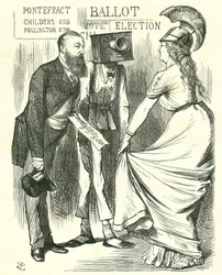 Hugh Childers (1827-1896) britischer Parlamentarier, berichtet Britannia vom Erfolg der neuen Wahlurne. John Tenniel Karikatur aus 