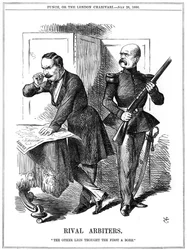 Napoleon III. (1808-1873), Kaiser von Frankreich 1852-1870, und Otto von Bismarck (1808-1783), Kanzler von Preußen, teilen Europa auf. Ihre widersprüchlichen Ambitionen führten zum Deutsch-Französischen Krieg von 1870-1871. John Tenniel Karikatur aus Punch