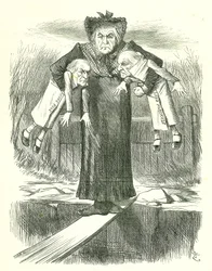 Set Down Two, and Carry One?: Gladstone, der britische Premierminister, in einer Zwickmühle, welchen der umstrittenen irischen Gesetzentwürfe er fallen lassen soll. John Tenniel Karikatur aus Punch, London, 3. April 1886.