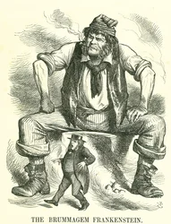 Der Brummagem Frankenstein: Reform des Parlaments - Erweiterung des Wahlrechts. John Bright sagte auf einem Reformtreffen in Birmingham, er habe keine Angst vor allgemeinem Männerwahlrecht. John Tenniel Karikatur aus 