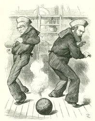 Die lebende Granate: Salisburys (rechts) Regierung trat im Januar zurück, gefolgt im Februar von der dritten Gladstone (links) Regierung. Keiner der Politiker freute sich darauf, sich mit den Problemen Irlands zu befassen. John Tenniel Karikatur aus Punch,